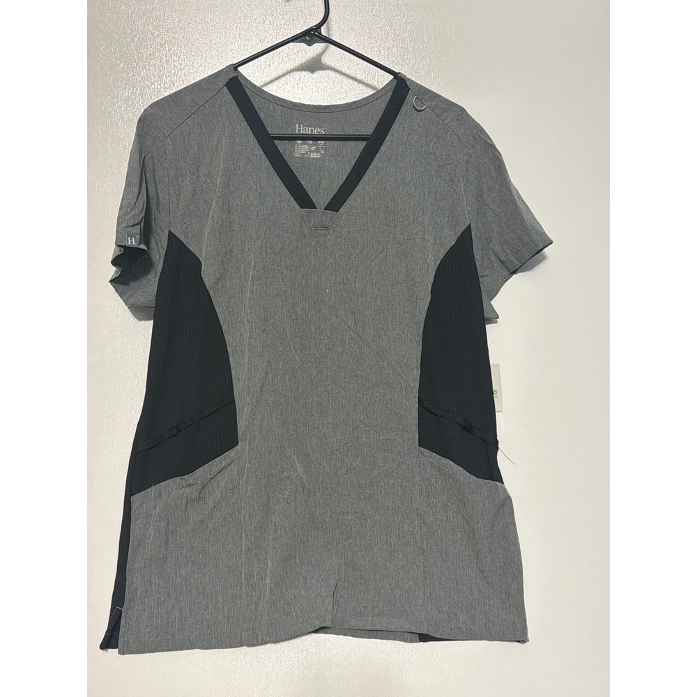 Hanes Comfort Fit Womens Scrub Top Grey Black V-Neck XL